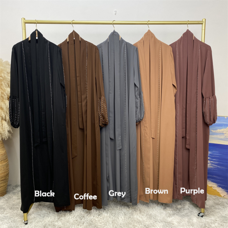 Discounter Women Dress Pleated Cuffs with Pearls Nida Open Abaya