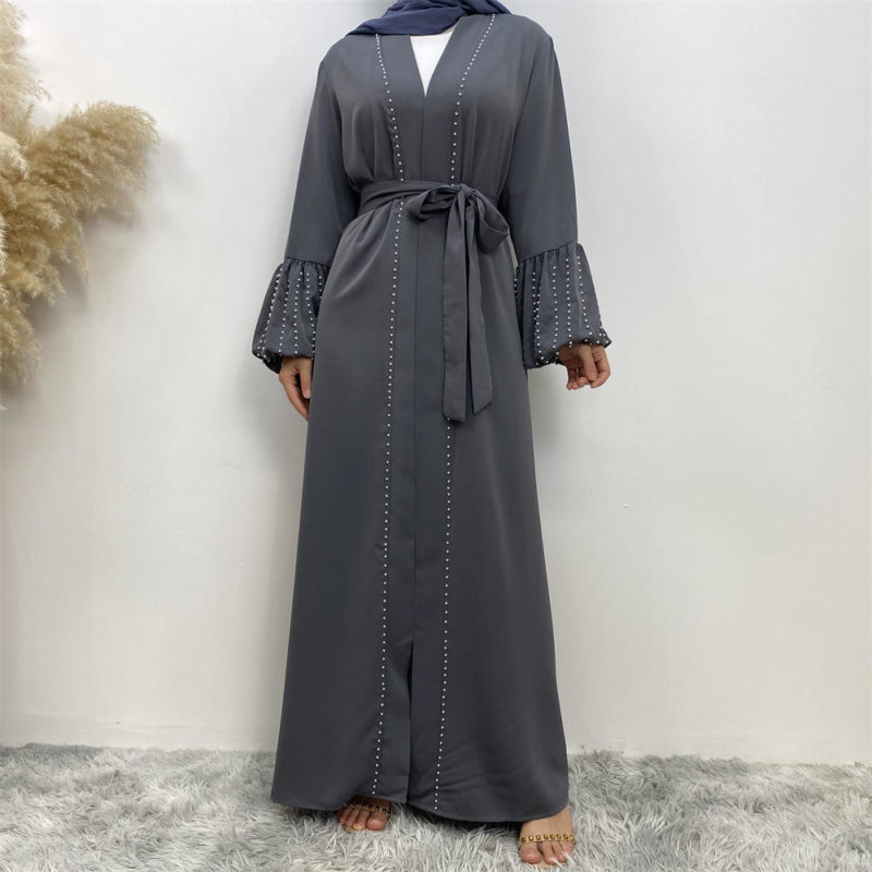 Discounter Women Dress Pleated Cuffs with Pearls Nida Open Abaya