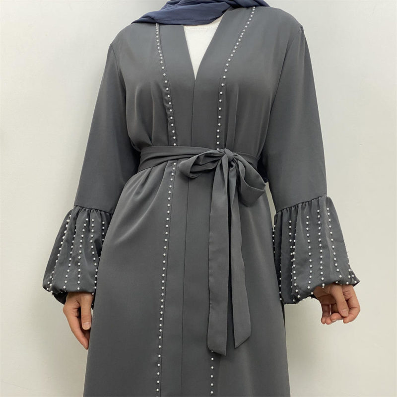 Discounter Women Dress Pleated Cuffs with Pearls Nida Open Abaya